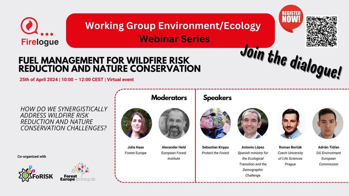 🔥 @firelogue #Webinar Series How can we synergistically address wildfire risk reduction & nature conservation challenges? 👉Join the webinar & dialogue organized by #CTFC & @FORESTEUROPE 📆25th April 🕙10am 💻Online ℹ️ Info & registration tuit.cat/VSb7n