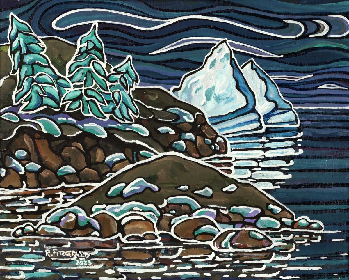 Today's Newfoundland and Labrador art share: 'Teal Trees & Iceberg' (2023) 12 X 16' acrylic on canvas by Reilly Fitzgerald. The icebergs are appearing in the bays and coves of #Newfoundland & Labrador - a magical time. Hope you like it #ReillysArt #icebergs #artshare #Fitzgerald