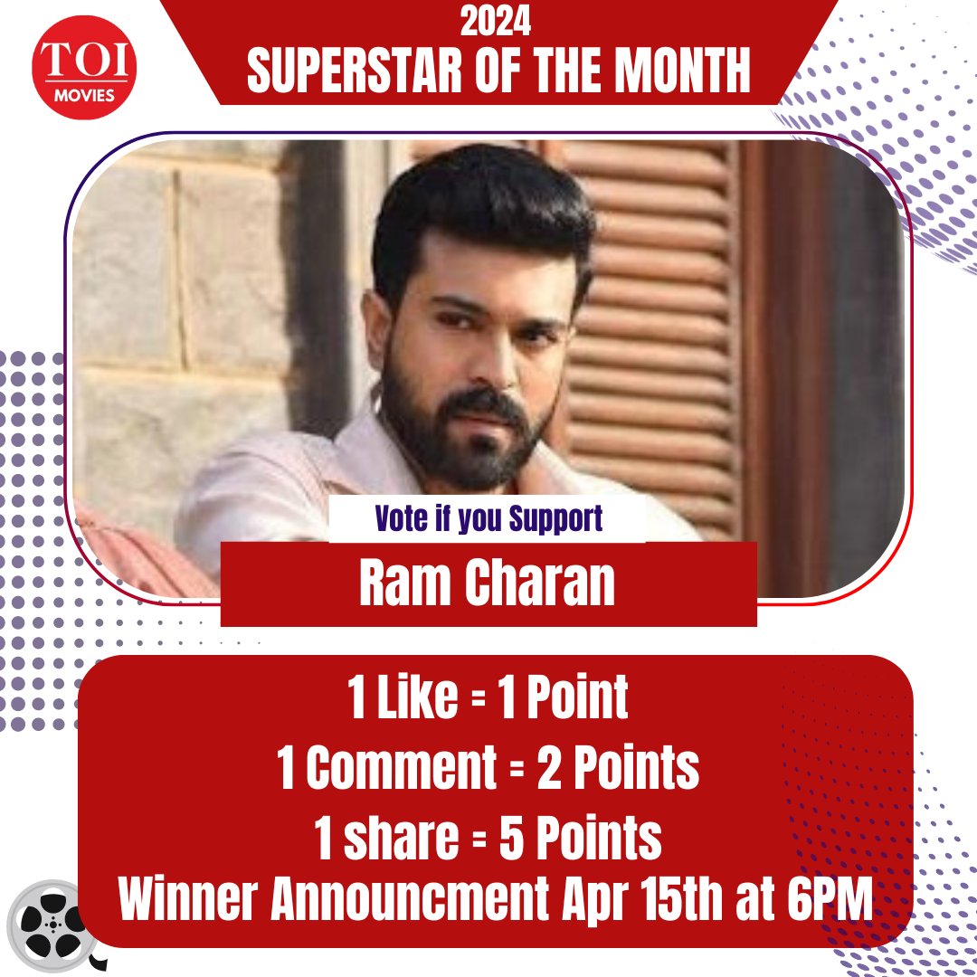 AndhraTalkie's tweet photo. SUPER STAR OF THE MONTH ✴️

Vote if you Support - #RamCharan ❤️

1 Like = 1 Point 
1 Repost= 5 Points 
1 Bookmark = 2 Points
1 Reply = 1 Point 

Winner Announcement On 15 April At 6PM https://t.co/iSLK9f8ifz