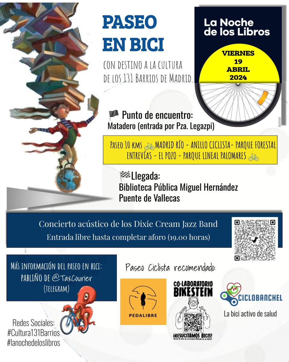 ¿Quieres disfrutar de la cultura de los barrios?
El viernes 19.04 tienes la oportunidad de pedalear🚴‍♀️ hacia la biblio Miguel Hernández 📖 de Vallecas y disfrutar de los Dixi Cream Jazz Band 🎶
@A_TaxCourier
#Cultura131Barrios
#lanochedeloslibros
Más info👇
pedalibre.org/2024/04/09/pas…