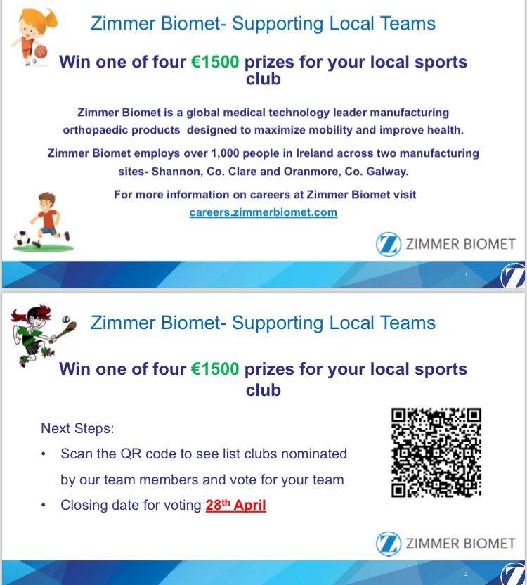 🥇Zimmer Biomet Prizes🥇 Calling all club members, family, & friends of Na Piarsaigh. We are in with the chance of winning €1500 of gear for our underage. All you have to do is click on the link and vote for Na Piarsaigh. 📆 Closing 28th April forms.office.com/Pages/Response…