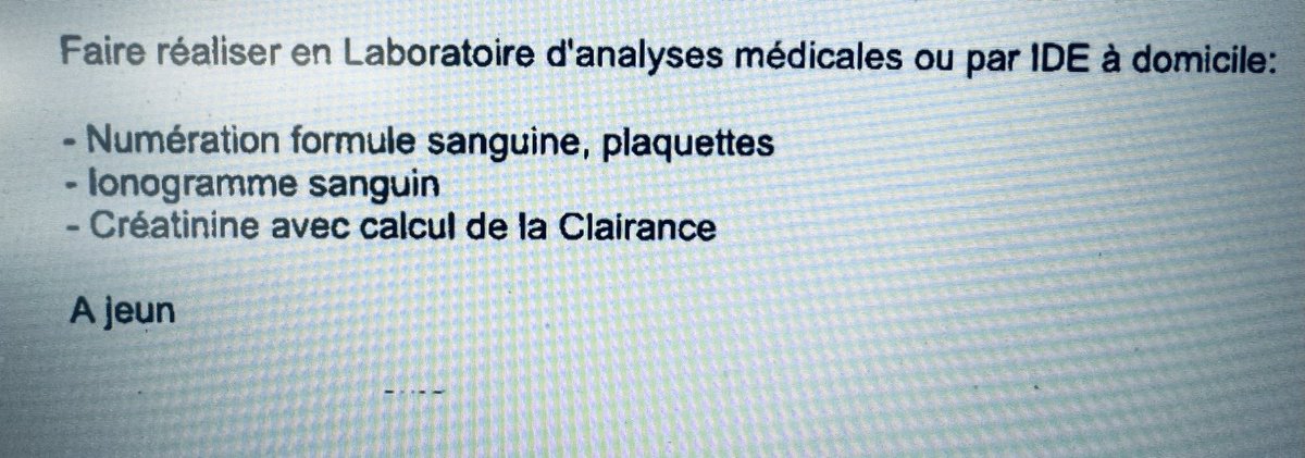 Amis médecins : ARRÊTEZ d’indiquer n’importe quoi sur le caractère « à jeun » ou pas. 

Ici :
- aucune raison d’être à jeun
- le patient a attendu J+1 (et + 5h pour que le prélèvement de l’IDE à domicile nous arrive)
- retard de prise en charge d’une thrombopénie à 6 G/L 😱 !