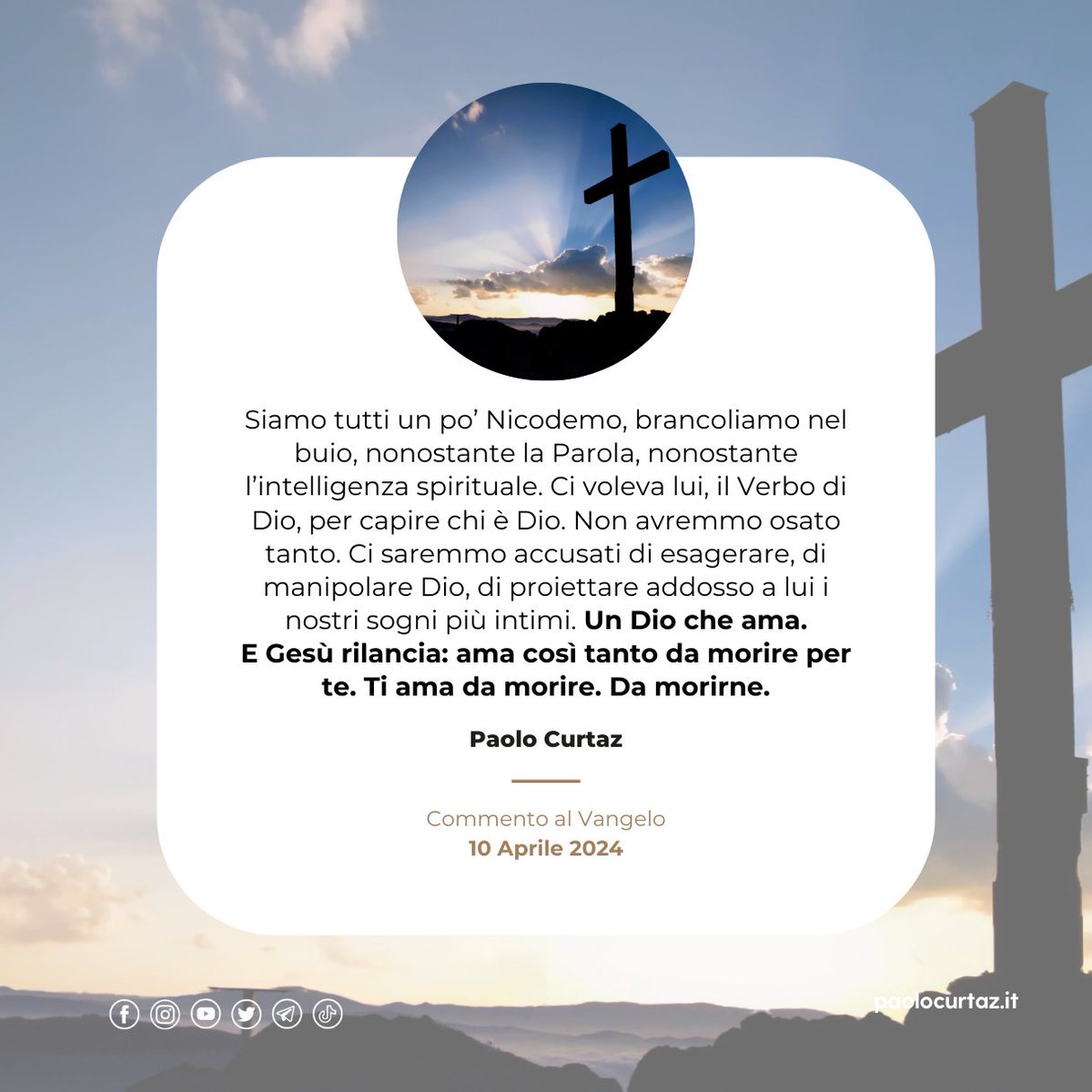 Gesù rilancia: ama così tanto da morire per te. Ti ama da morire. Da morirne.
<a href="/paolocurtaz/">Paolo Curtaz</a> 

📝#commentoalvangelo: paolocurtaz.it/2024/04/ha-tan…

#vangelodelgiorno