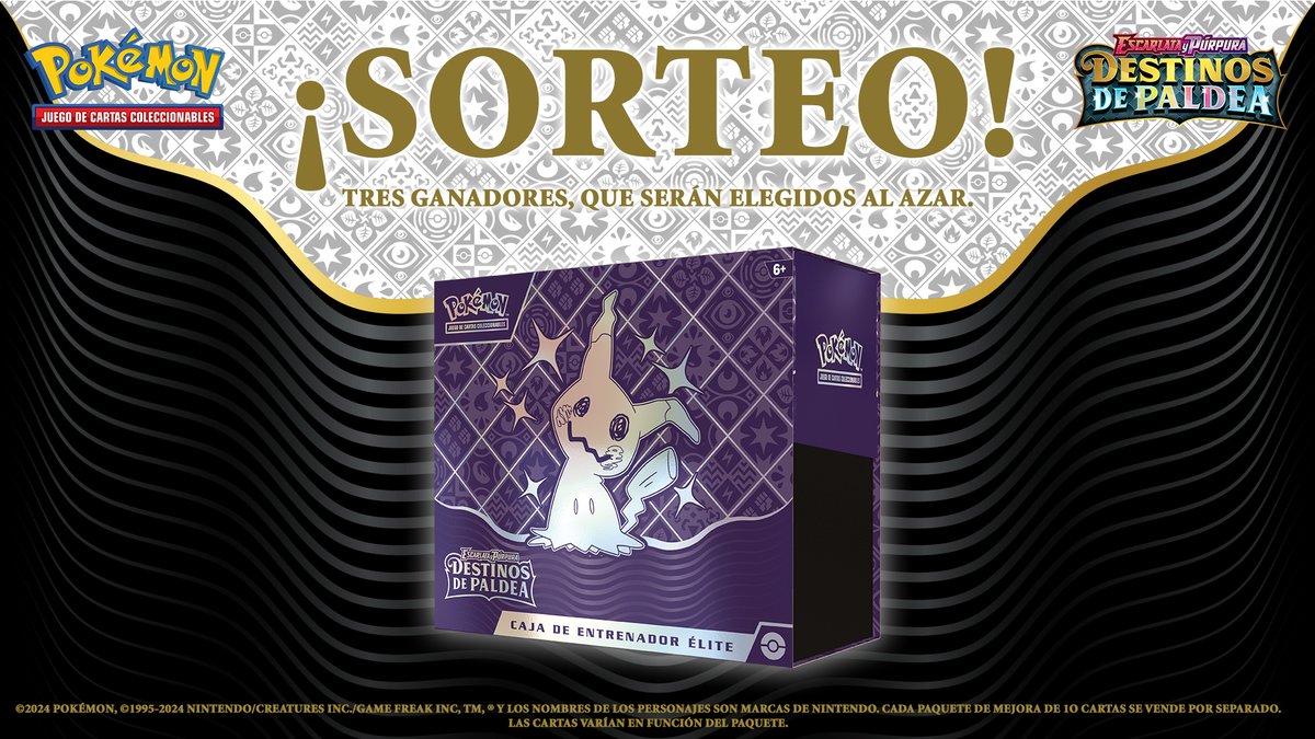 ¡Sorteamos tres Caja de Entrenador Élite de Escarlata y Púrpura‑Destinos de Paldea, de Juego de Cartas Coleccionables #Pokemon, cortesía de <a href="/Bandai_es/">Bandai España</a>!

► Dinos cuál es tu Pokémon favorito de Paldea con #PokemonDestinosPaldeaJCC y participa.

Solo hoy: ntdo.com/60184FuOn