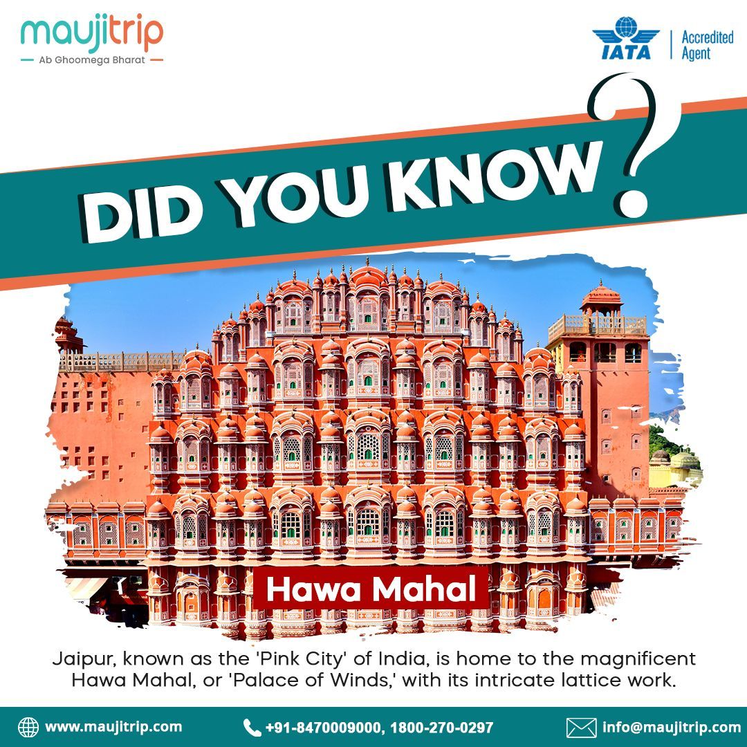 Did you know? Jaipur, known as the 'Pink City' of India, is home to the magnificent Hawa Mahal, or 'Palace of Winds,' with its intricate lattice work.
.
.
.
#didyouknow #hawamahal #interestingfacts #amazingfact #travelnow  #planyourtrip #easytravel #abghumegabharat #maujitrip