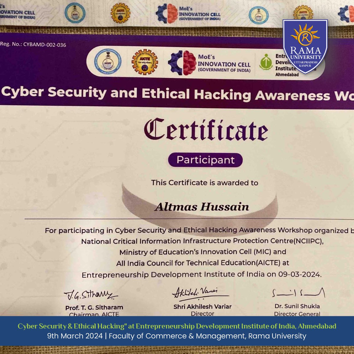 👩‍💻Our FCM students dive deep into the realm of Cyber Security and Ethical Hacking at a workshop held by NCIIPC, AICTE, and MIC in Ahmedabad.🚀 RamaUniversity #CyberSecurity #EthicalHacking #TechEducation #Innovation #Ahmedabad #NCIIPC #AICTE #MIC #FCMStudents