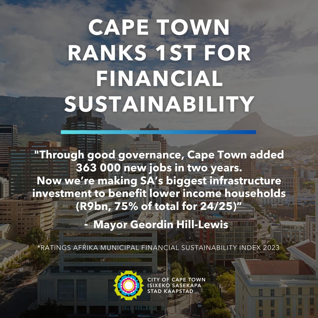 Well done to the City of Cape Town for being voted the most financially sustainable metro by Ratings Africa.