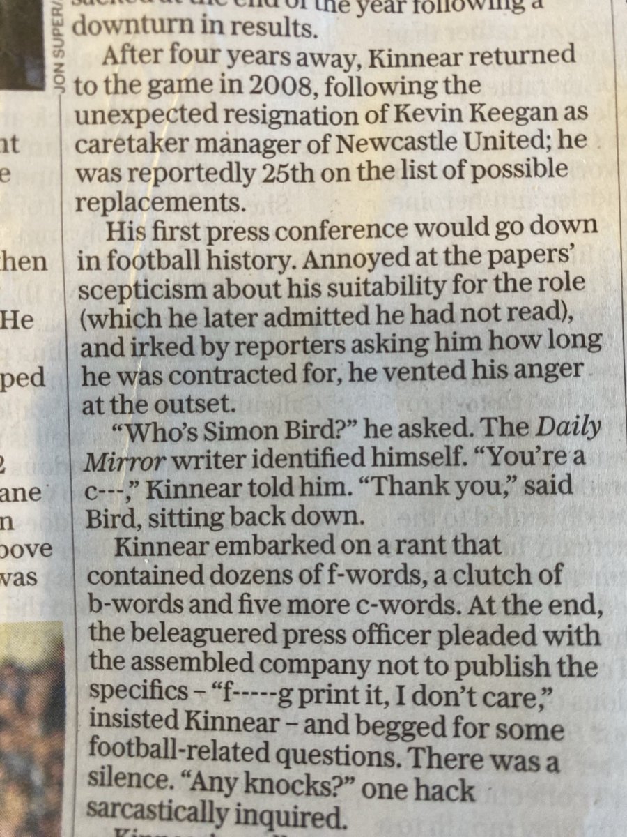 Football press conferences were different in the old days.👇 This is from the late Joe Kinnear’s ⁦@Telegraph⁩ obituary yesterday when he took over at Newcastle in 2008. ⁦⁦@TelegraphObits⁩