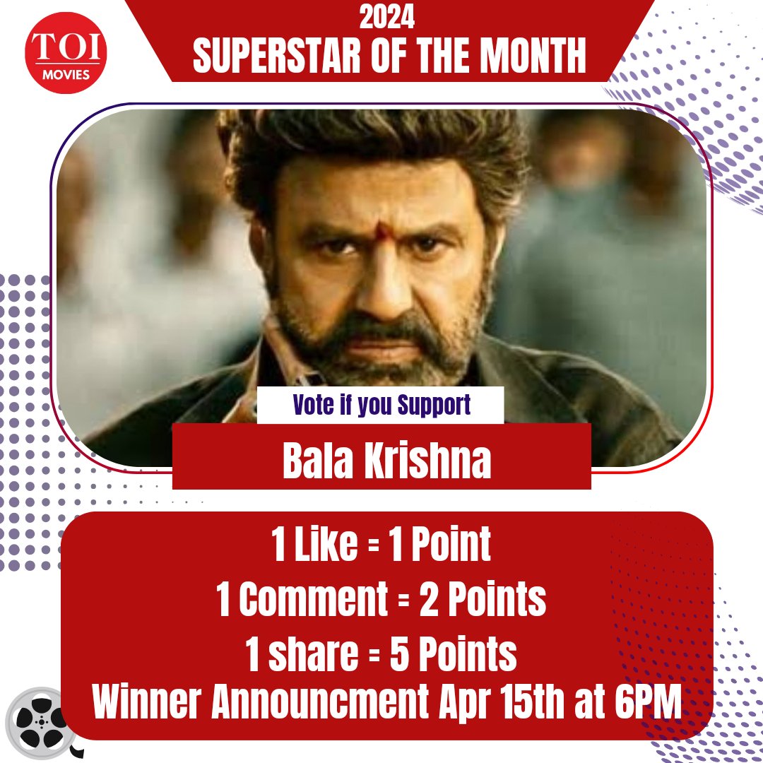 SUPER STAR OF THE MONTH ✴️ Vote if you Support - #BalaKrishna ❤️ 1 Like = 1 Point 1 Repost= 5 Points 1 Bookmark = 2 Points 1 Reply = 1 Point Winner Announcement On 15 April At 6PM #NandamuriBalakrishna