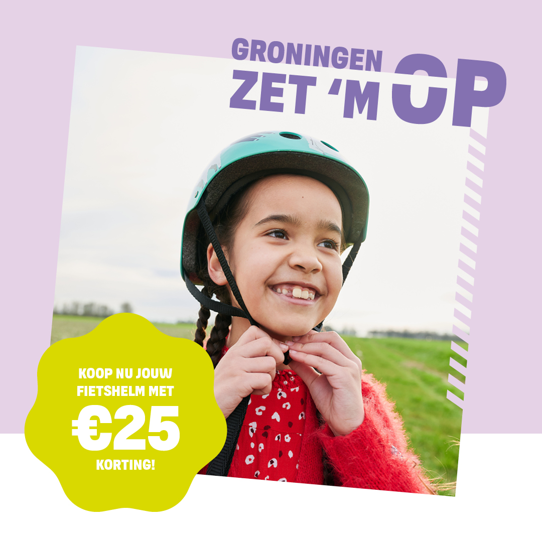 Fietshelmactie 'Groningen, zet 'm op!' van start 🚴 Zolang de voorraad strekt: €25 korting op een goedgekeurde fietshelm (CE 1078 / CE 1080) voor Groningers. Meer info: tinyurl.com/mrxn939k.