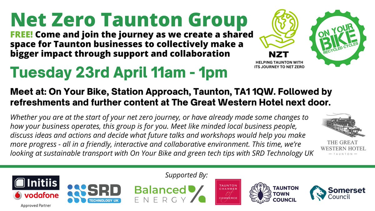 Net Zero Taunton Group - FREE! Tues 26th April 11am - 1pm. 
>>This time, the group are looking at sustainable transport with @OnYourBike &amp; green tech tips with <a href="/srdtechtaunton/">SRD TECHNOLOGY UK</a> 
>>Meet at: On Your Bike for tour &amp; talk, followed by ☕️🍪&amp; further content <a href="/greatwestern_/">The Great Western Hotel</a> next door.
