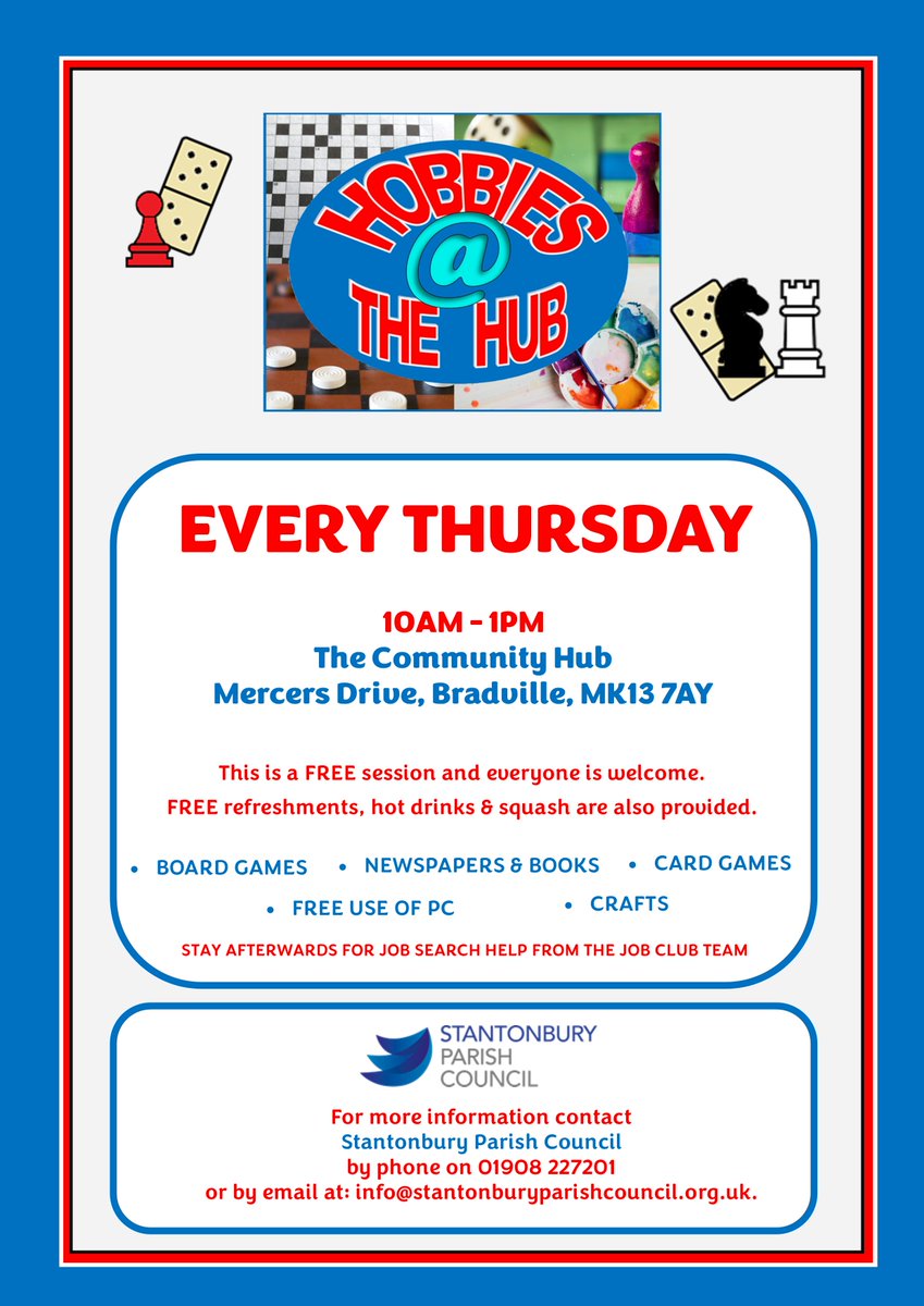 TOMORROW: HOBBIES @ THE HUB Thursday 11th April The Community Hub, Mercers Drive, Bradville, MK13 7AY For more information please contact Stantonbury Parish Council on 01908 227201 or info@stantonburyparishcouncil.org.uk.