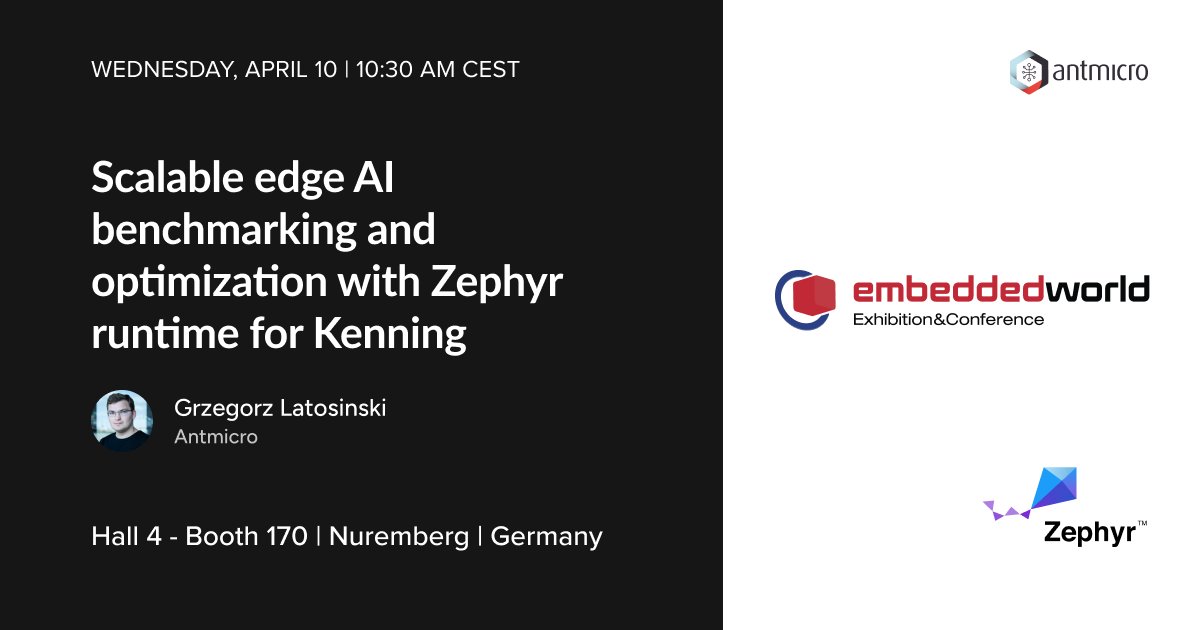 #ML optimization is crucial on constrained devices. This morning at @embedded_world, join us at @ZephyrIoT to learn how #Kenning, #ZephyrRTOS & @renodeio let you benchmark #AI models, runtimes & hardware @linuxfoundation @LF_Europe