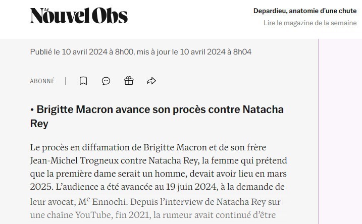 🚨 Brigitte Macron avance son procès contre Natacha Rey (@eanizon via @Le_NouvelObs) Le procès en diffamation de Brigitte Macron et de son frère Jean-Michel Trogneux contre Natacha Rey, la femme qui prétend que la première dame serait un homme, devait avoir lieu en mars 2025.…