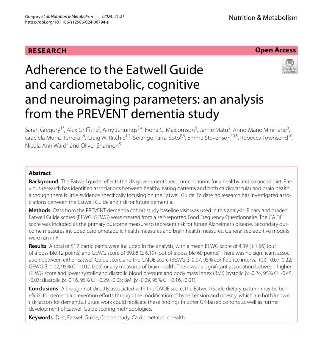 Delighted to share our new paper exploring associations between adherence to the Eatwell Guide and cardiometabolic, cognitive and neuroimaging parameters Led by Sarah Gregory & funded by @4NuBrain 🔗 link.springer.com/article/10.118…