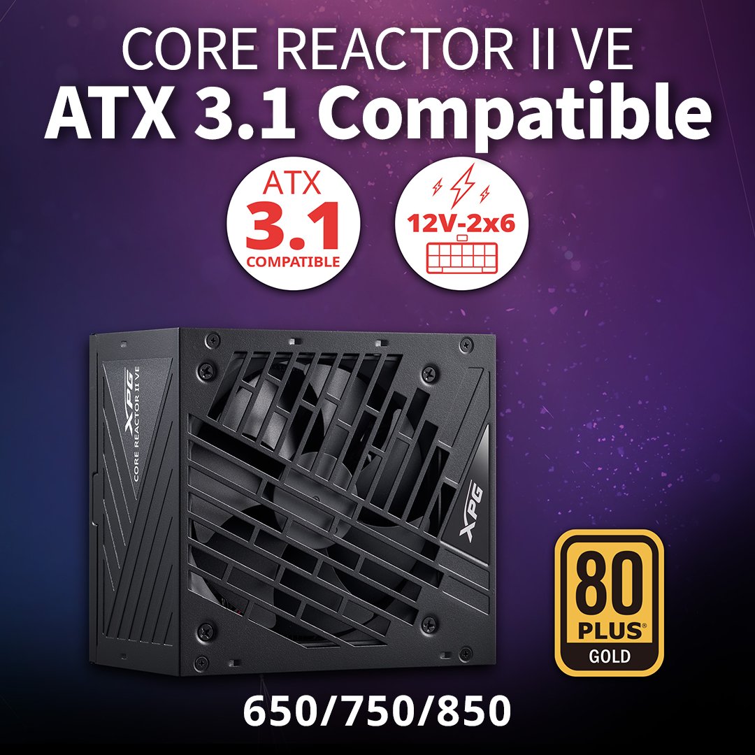 XPG_Global's tweet photo. CORE REACTOR II VE is XPG’s first ATX 3.1 compatible PSU!

It’s available in 650/750/850 wattage options, with 80 PLUS Gold efficiency and fully modular cables.

Learn More: 
https://t.co/pS9CEp6yRB

#XPG #PSU #PCDIY #COREREACTORII #ATX31 https://t.co/fb6Z39QrSf