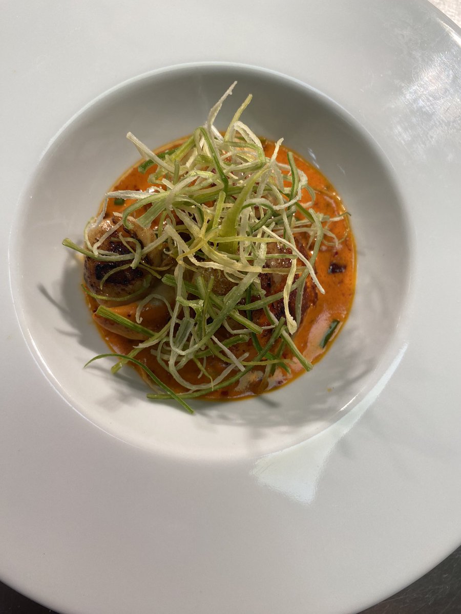 Scallops. Nduja . Potato sauce. Crispy leeks #anglesey #seafood #scallops #chef #foodie #aahospitality