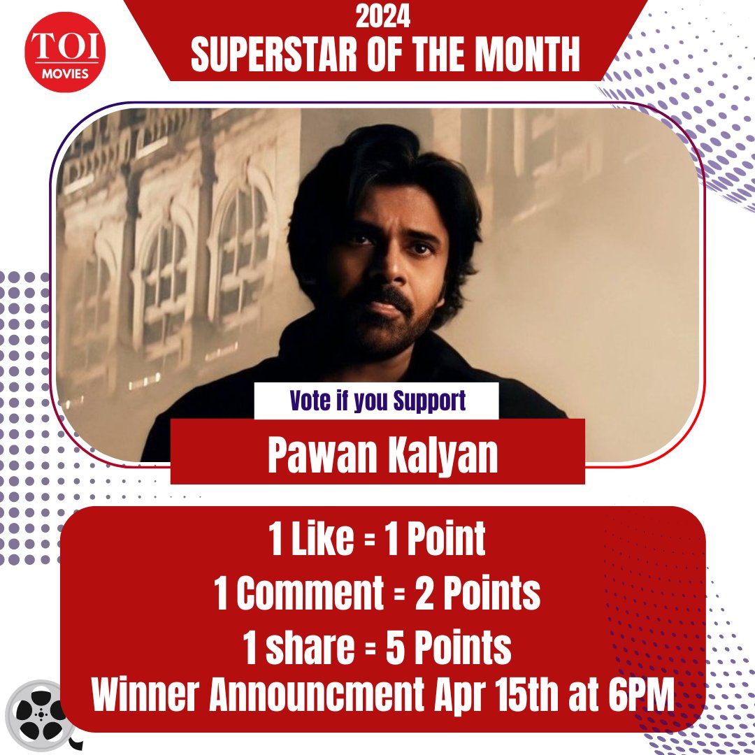 SUPER STAR OF THE MONTH ✴️ Vote if you Support - #PawanKalyan ❤️ 1 Like = 1 Point 1 Repost= 5 Points 1 Bookmark = 2 Points 1 Reply = 1 Point Winner Announcement On 15 April At 6PM
