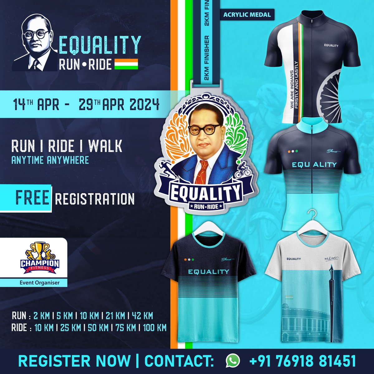 Join this virtual event ‘Equality Run - Ride 2024’ to pay tribute to #BhimraoAmbedkarJi, who was one of the architects of the Indian Constitution, and achieve your fitness goals with this event.  
#BRAmbedkar 

Register now : bit.ly/3TTSBTM 

For Query : +91-76918 81451