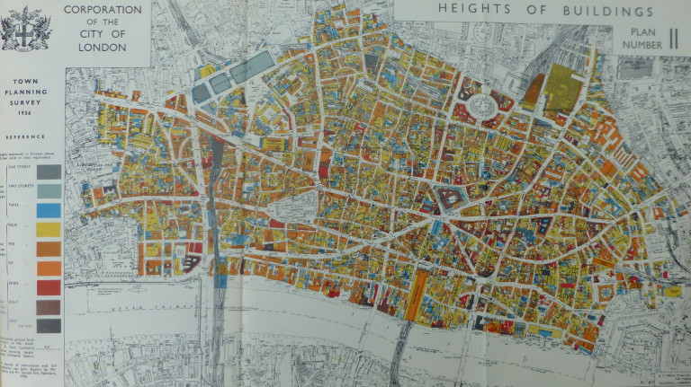 On the 24th of May 1944 the City of London published 'Reconstruction In The City' The map shows the “Heights of Buildings” in 1936 and shows how relatively low rise the City was at the time, from my post on the report at alondoninheritance.com/london-books/r…