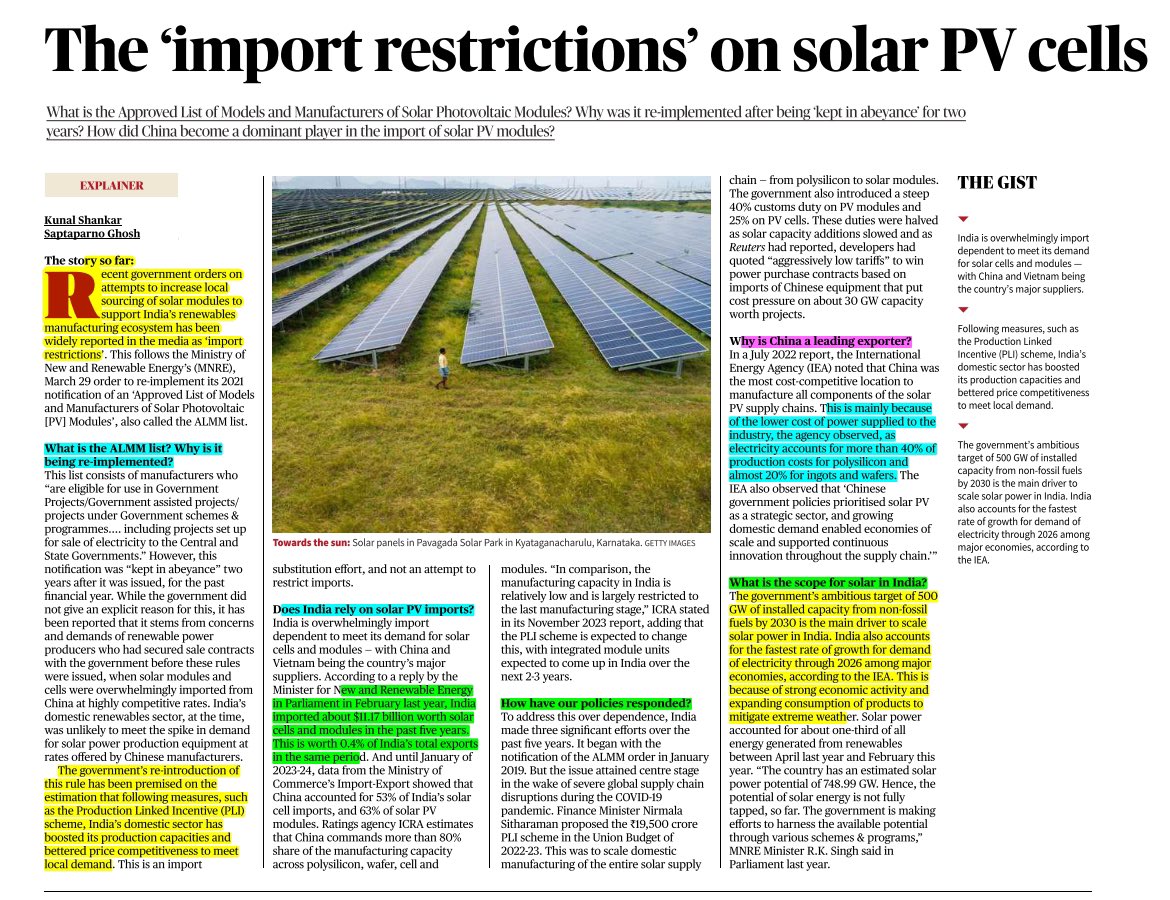 Import restrictions on Solar PV cells. Source: the Hindu #UPSC