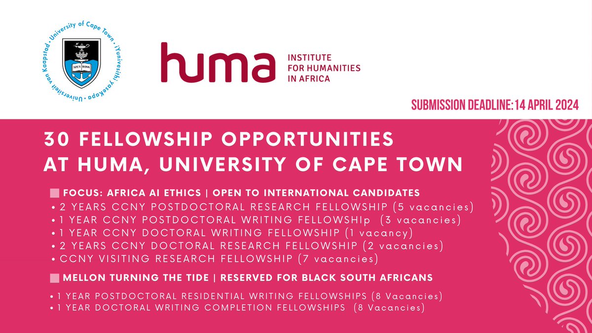 🌟 Apply! 30 research fellowships at HUMA - Institute for Humanities in Africa, backed by Carnegie Corporation of New York & Mellon Foundation. Apply by April 14, for doctoral, postdoctoral, & visiting opportunities! Apply now: shorturl.at/vCOP0 #Research #Fellowships