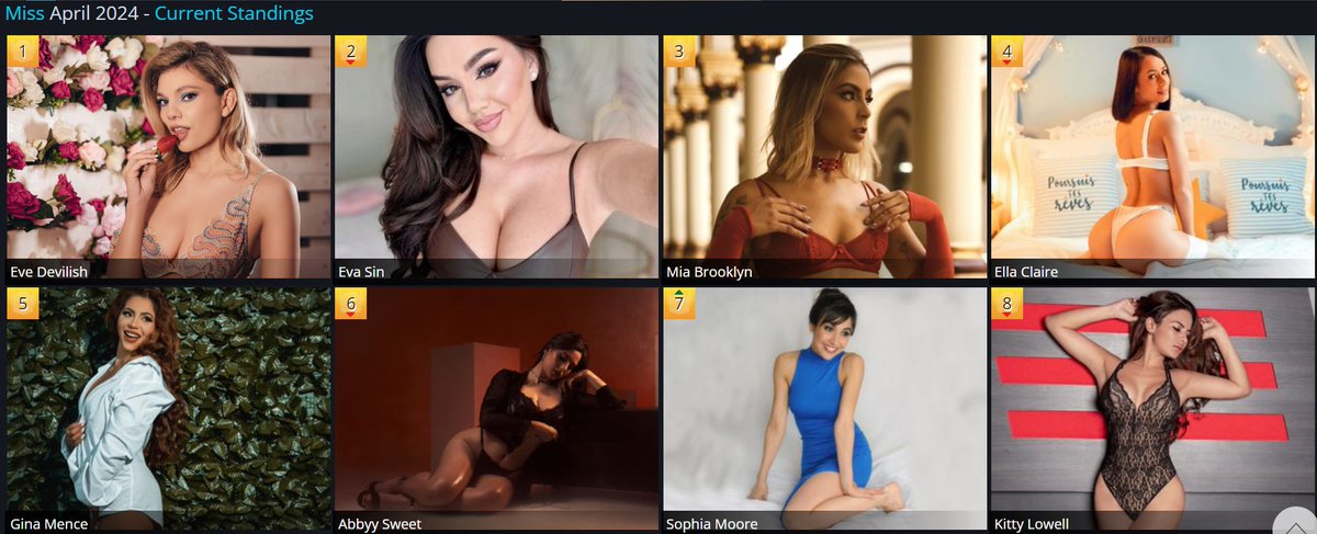 Top 8 Performers - @Flirt4Free Miss April 2024 - Current Standings Flirt of the Month - (FOTM) 👉 FOTM.F4Fchat.com 👀 @EveDevilish_ @EvaSinOfficial @miabrooklyncol @EllaClaire1Off @GinaMencee #AbbyySweet @SophiaMoore44 @kittylowell01