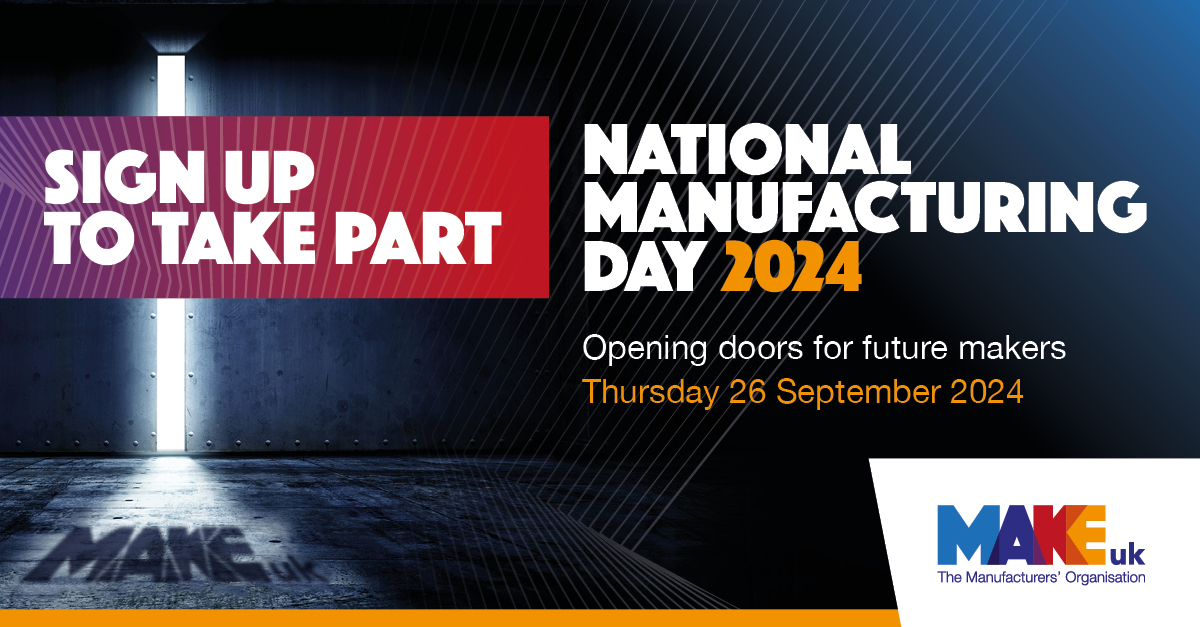 🚨 There’s less than 6 months to go until National Manufacturing Day 2024!

Open your doors on September 26 to schools, colleges & the local community - & join firms across the UK in inspiring the next generation of makers.

📋Sign up for #NMD2024 here: nationalmanufacturingday.org/get-involved