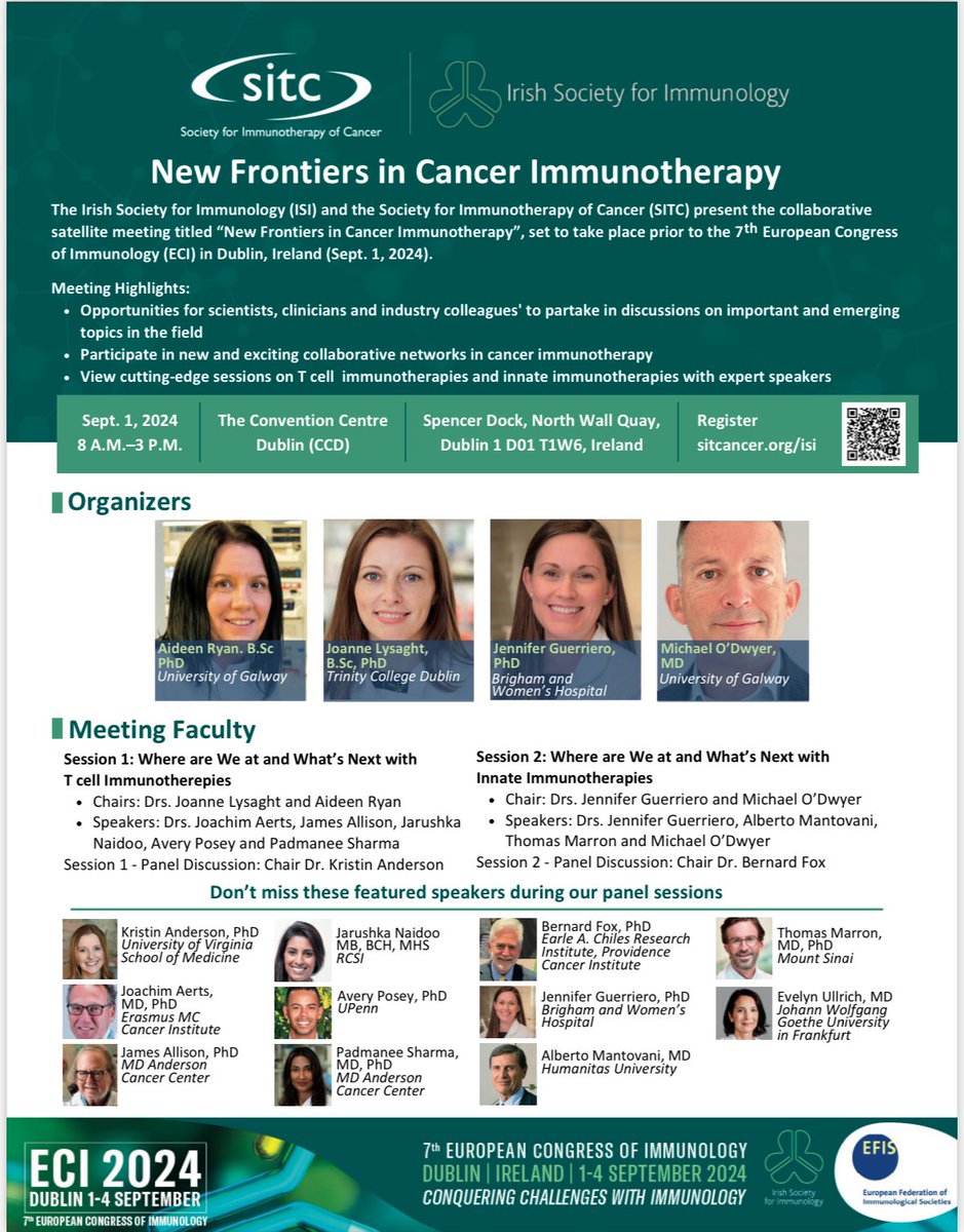 Our exciting program and speaker lineup at a glance- New Frontiers in Cancer Immunotherapy- come join us in Dublin! . @sitcancer @News_IACR @Irishimmunology @scienceirel @AlCRIproject @hrbireland @cancertrials_ie @IrishCancerSoc @BreakthroCancer @EACRnews @transcanproject