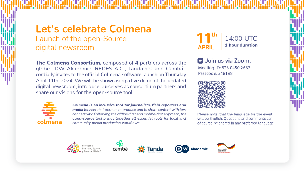 🐝 ¡Se juntan las abejitas del mundo de #Colmena!

Te invitamos al lanzamiento de esta sala de redacción digital, de código abierto y gratuita, junto a <a href="/redesac_mx/">REDES A.C.</a> <a href="/tandacn/">TANDA COMMUNITY NETWORK</a> y <a href="/cambacoop/">Cambá</a> 

🗓️Jueves 11.04
⏰14:00 UTC 

Nos puedes acompañar en: us06web.zoom.us/j/82304502687?…