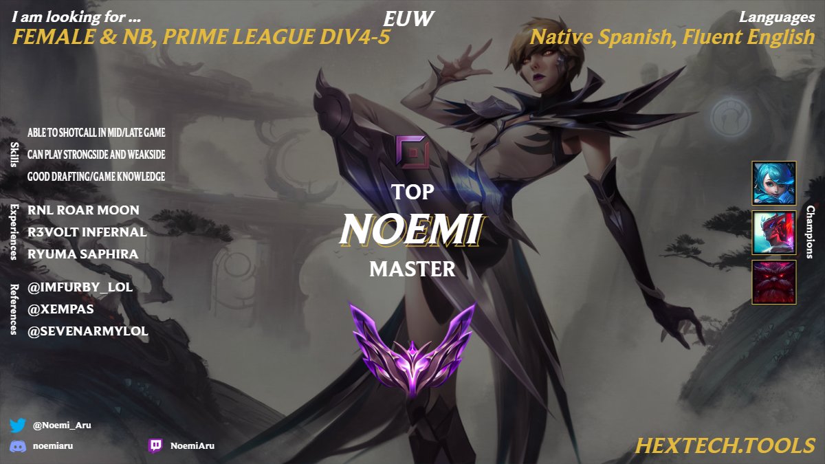 Since EEC is back and Prime League split is about to end, I'm looking for new opportunities.

- 1st place at #BeChampions #EmpressesShowdown LAN 2023
- Top 8 in the 4th EEC Qualifer 2023
- Promoted to Div5 Prime League + Div5 experience
More in leaguepedia: Noemi

RT &amp; Favs 🫶