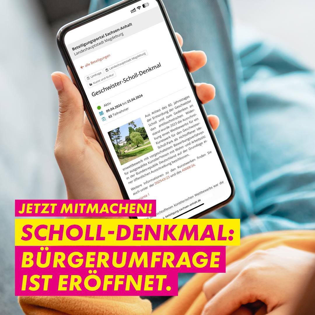 Macht mit! Beteiligt euch!
magdeburg.de/beteiligung
In Erinnerung an die Geschwister Scholl soll in Magdeburg ein Denkmal errichtet werden.Dafür stehen drei verschiedene Entwürfe zur Auswahl.Stimmt für euren Favoriten!#md #srmd #magdeburg #geschwisterscholl #fdp #bürgerbeteiligung