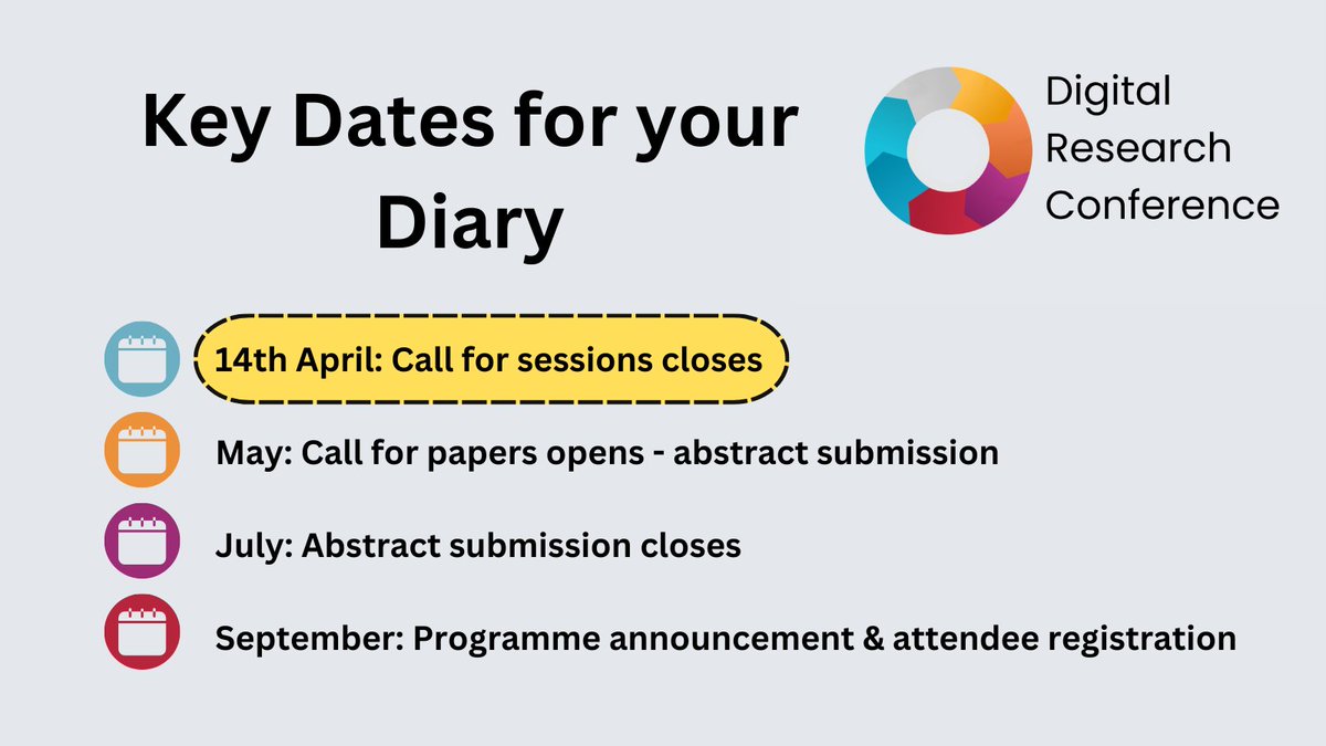 The deadline for proposing a session is 14th April - last chance to present your idea at the #DigitalResearchConference! Follow the submission link here: ow.ly/vVFt50QJNg2 @GrowingYourIdea @ResearchersAtEd @EdinUniStaff @cmvm_research @EdinUniCAHSSres @ColSciEng @UoEIS