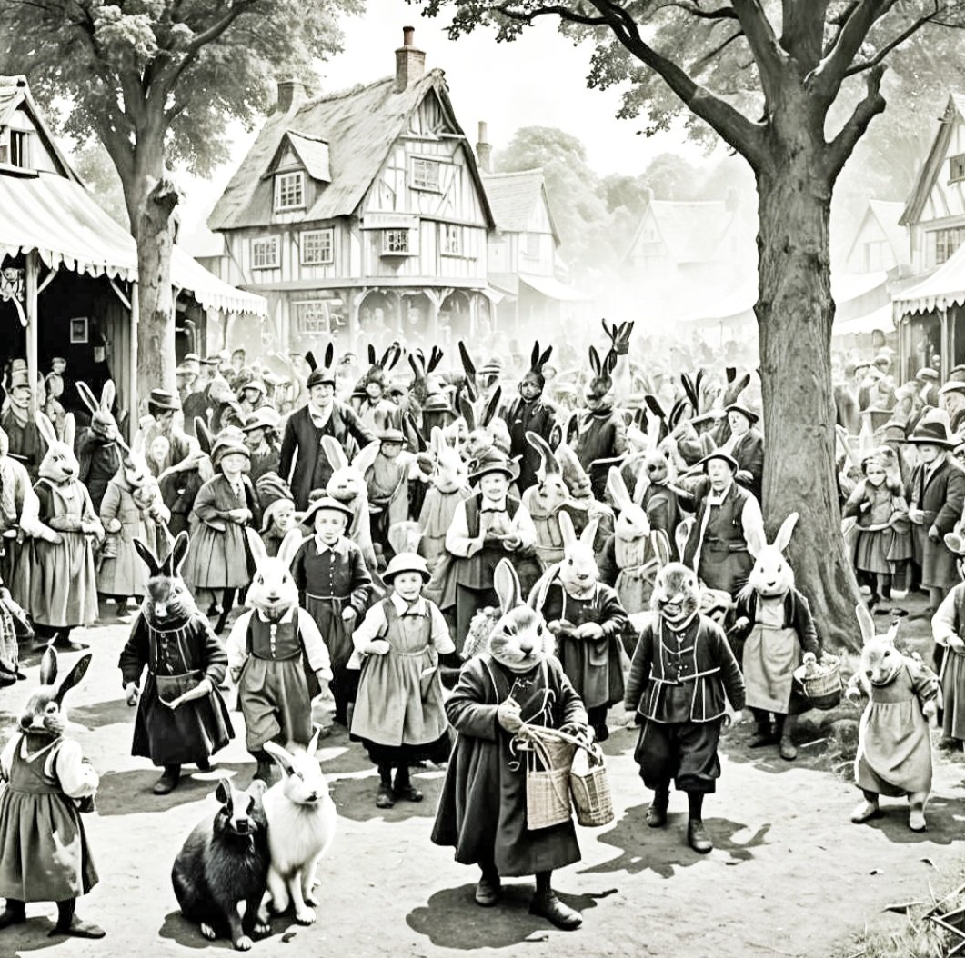 RABBIT FAIR-A typical turn of the 20th century Rabbit Fayre somewhere in Surrey. 1903 roughly.The two Giant Flemish buns in the foreground were the only real rabbits there,the rest being human beings in home-made masks. Flemish Giants were primarily for demonstration purposes