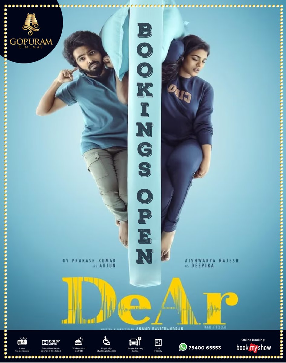 Enjoy the beautiful Love Story of DEepika & ARjun❤️ Bookings Open for #DeAr at Our @Gopuram_Cinemas! Book your Tickets Now - t.ly/FuhXk Experience it with Laser Projector and Dolby ATMOS🔊 @gvprakash @aishu_dil #GopuramCinemas #GVPrakash #AishwaryaRajesh