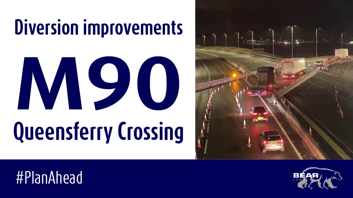 Final phase of works to enhance Queensferry Crossing diversion process: 🚧 Full closure of #M90 in both directions between Scotstoun and Queensferry Junctions 22:30 to 06:00 tonight ➡️ Full trial diversion 00:00 to 08:00 on 21 April Details here: bearscot.com/final-phase-of…