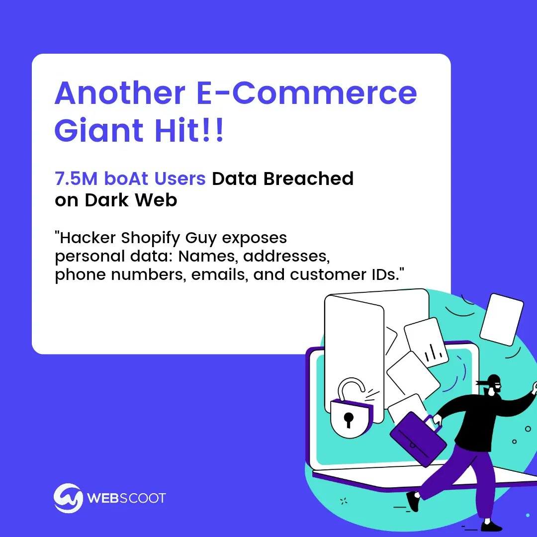 '🚨 ALERT: 7.5M boAt Users' Data Breach 🚨 

Cybercriminal Shopify Guy exposes personal info on the dark web.

Protect your e-commerce platforms with robust cybersecurity measures.  #DataBreach #CyberSecurity #EcommerceSecurity #DataProtection #CyberThreats #PrivacyProtection