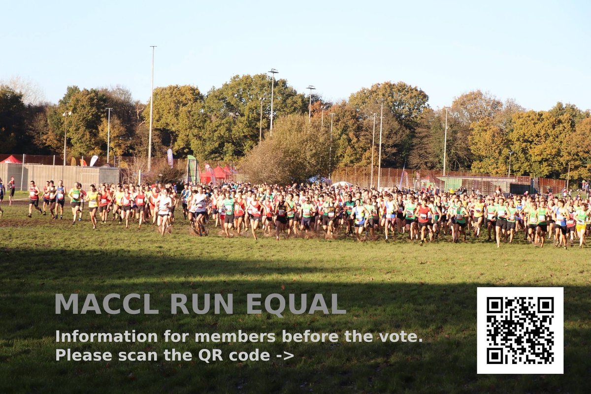 Morning everyone.

MACCL's Run Equal voting will be happening next week. Each club gets a single vote on the matter, to be submitted by 24th April.

We will be conducting our vote next week. Scan the QR code for more info

Thanks!