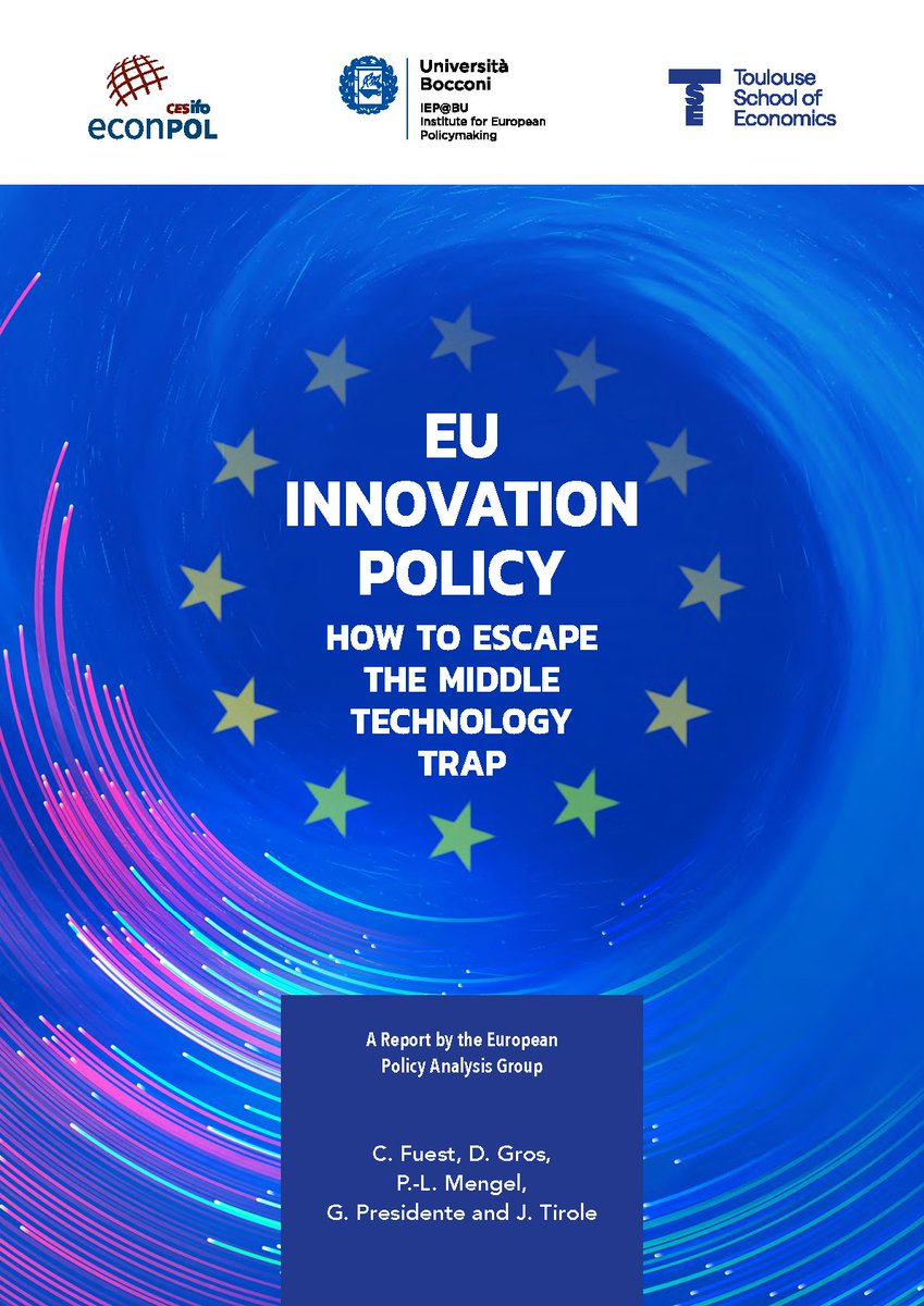 📢Publication alert: In our joint report (with @ifo_Institut, @iep_bu & @TSEinfo) on EU #InnovationPolicy, @FuestClemens, @DanielGrosCEPS & @JeanTirole discuss how the #EU can escape the mid-tech trap. Report👉 iep.unibocconi.eu/eu-innovation-… Press release 👉 econpol.eu/press-release/…