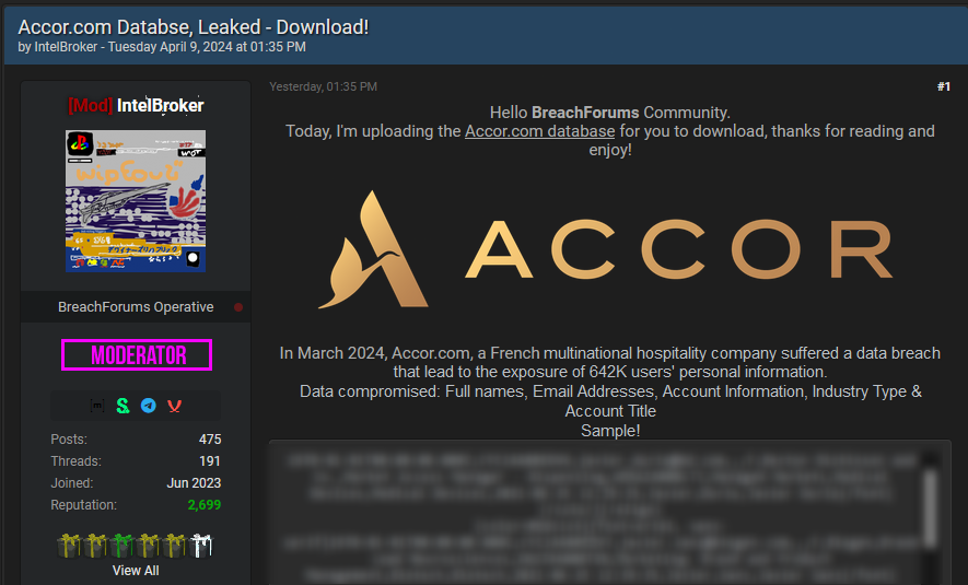 #DataBreach Alert Update⚠️ 🇫🇷#France: 642K Accor records now fully leaked (allegedly) On March 31st, we reported that a database belonging to Accor was allegedly for sale. Now, IntelBroker has decided to release all the data of 642k users. 'In March 2024, Accor[.]com, a French…
