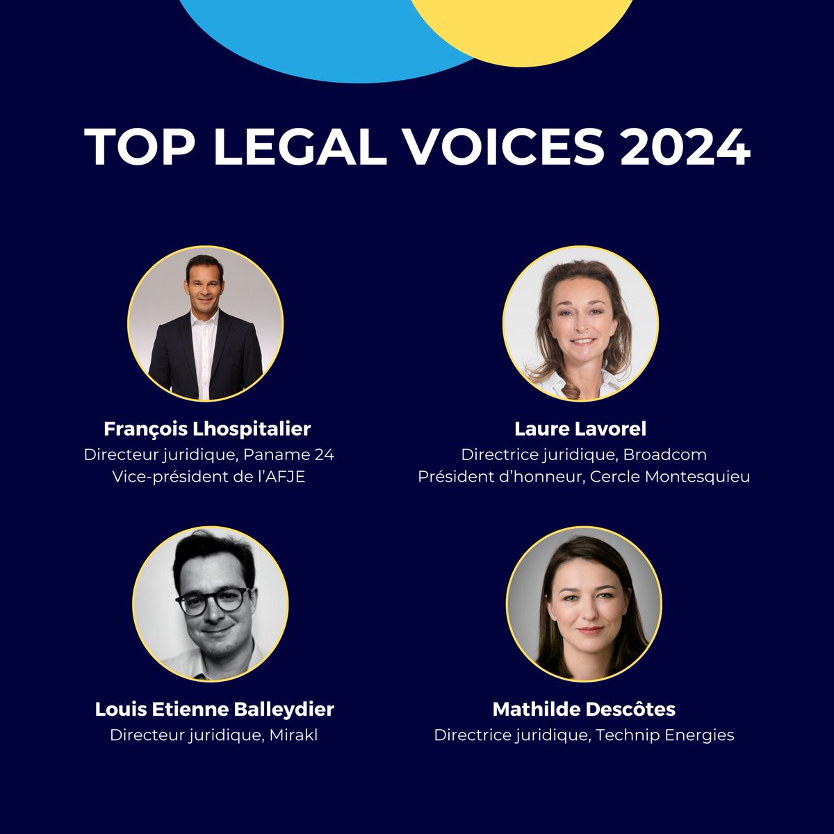 🏆Top Legal Voices 2024 4 directeurs juridiques en compétition ! Soutenez votre candidat préféré : 👉 maddyness.typeform.com/legalvoice2024 👀 Restez connecté pour découvrir le classement 22 avril prochain ! @bymaddyness @Lamyliaisons @LaureLavorel @flhospit @Mirakl_FR @TechnipEnergies