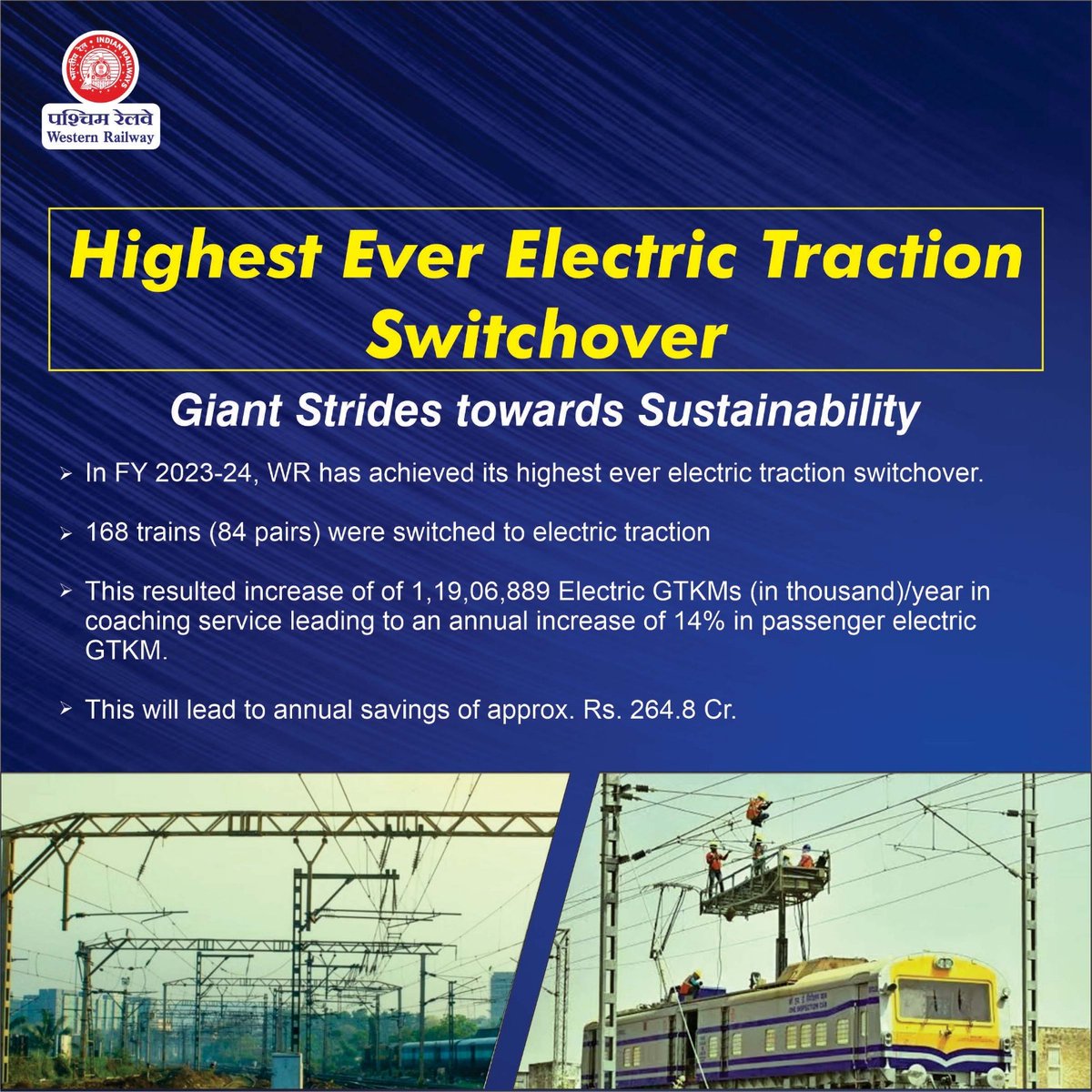 🚆⚡ Western Railway leads the charge! FY 23-24 saw record electric traction switchover, boosting savings & sustainability. #WRAchievements