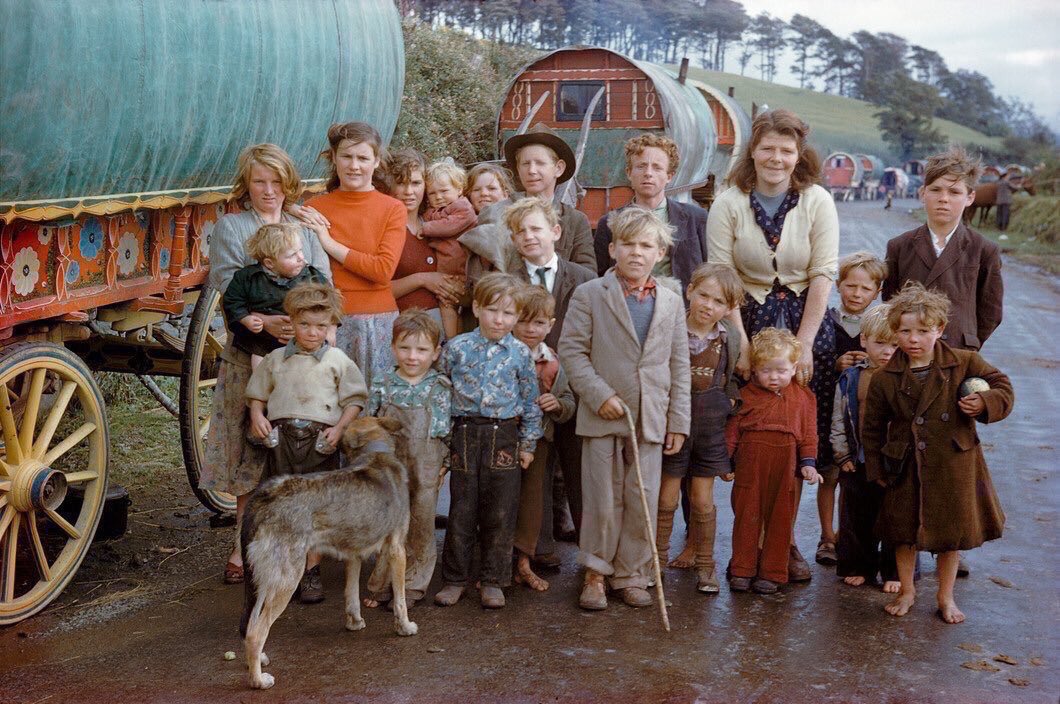 ‘Irish Traveller Family’, Killorglin, County Kerry, Ireland, 1954 a fascinating Kodachrome by Inge Morath. There are so many stories in this photograph.