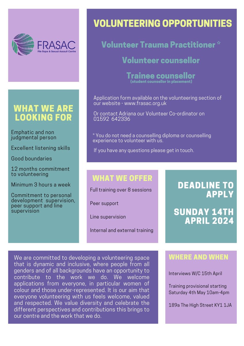 We have the following volunteering opportunities, for more info goto frasac.org.uk/support-volunt… If you'd like to chat call us on 01592 642336 and ask for Adrianna our Volunteer Co-Ordinator. The deadline for applications is Sunday 14 April 2024. Don't delay!