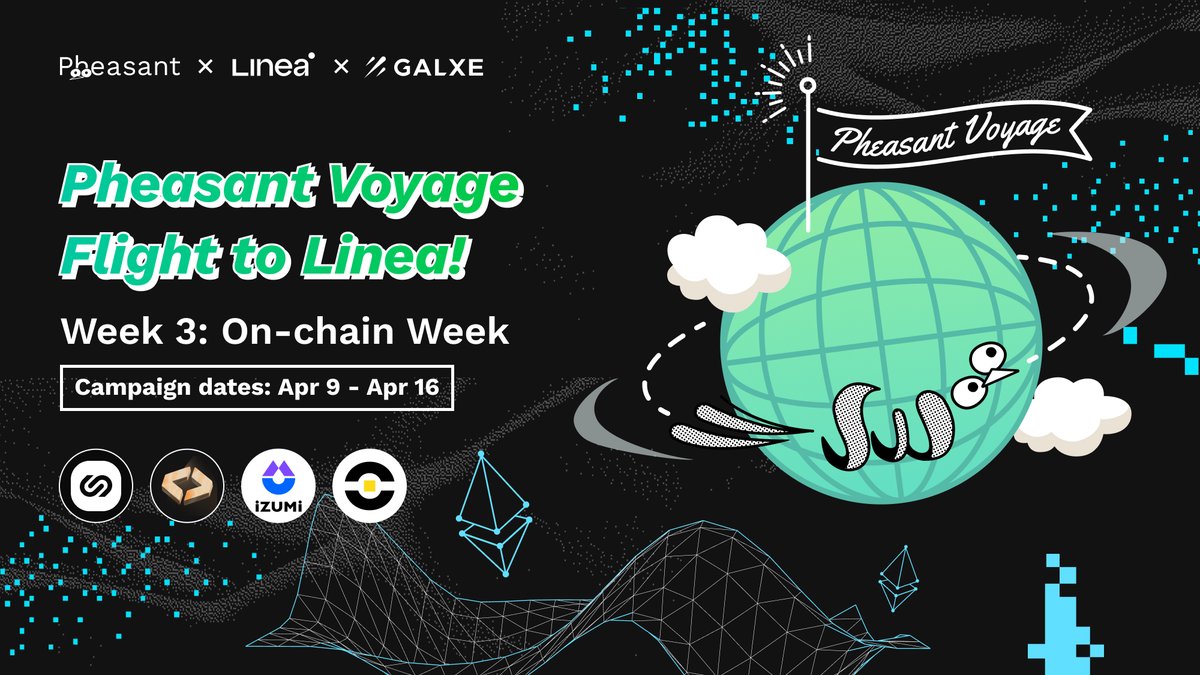 Pheasant Voyage on Linea 'On-chain Week' has been hosted by @PheasantNetwork and 4 partners!🤝 - @LynexFi - @izumi_Finance - @Yellow - @FinanceChainge Fly around the @LineaBuild ecosystem with very attractive projects🐦💨 app.galxe.com/quest/pheasant…