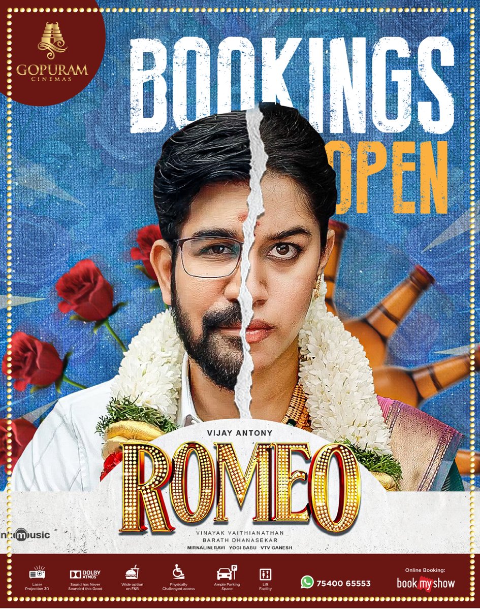 Prepare to Fall in Love all over Again❤️ Bookings Open for #Romeo at Our @Gopuram_Cinemas! Grab Your Popcorn and Book Your Tickets - t.ly/FuhXk Experience it with Laser Projector and Dolby ATMOS🔊 @vijayantony @mirnaliniravi @actorvinayak_v #GopuramCinemas