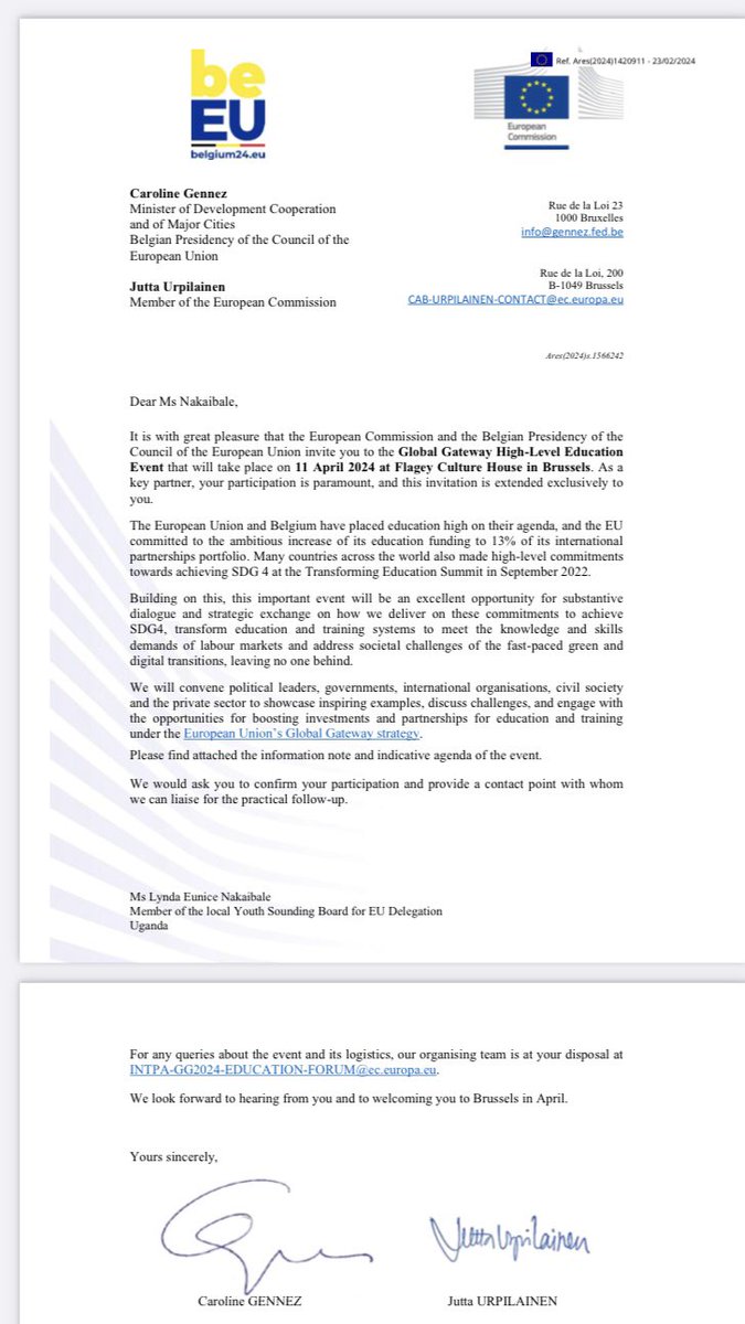 Excited to share that I will be participating in the #GlobalGateway High-level event on Education happening tomorrow in Brussels.

I am representing the @EUinUG s @EU_YSBUg and will be contributing to discussions on promoting equity & inclusion in Education. 

#GlobalGateway