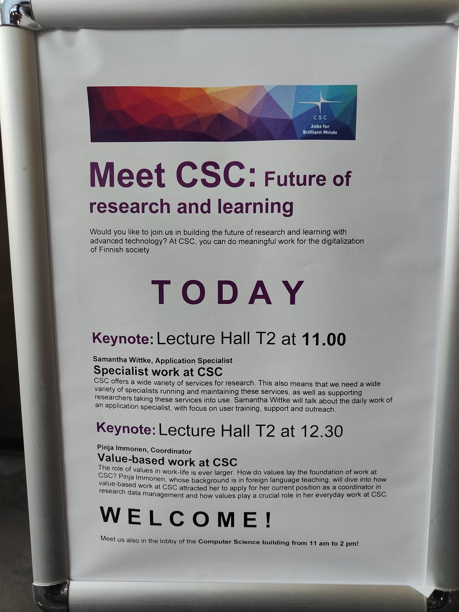 Come to T2 in Otaniemi today at 11 to hear about work as an application specialist at @CSCfi