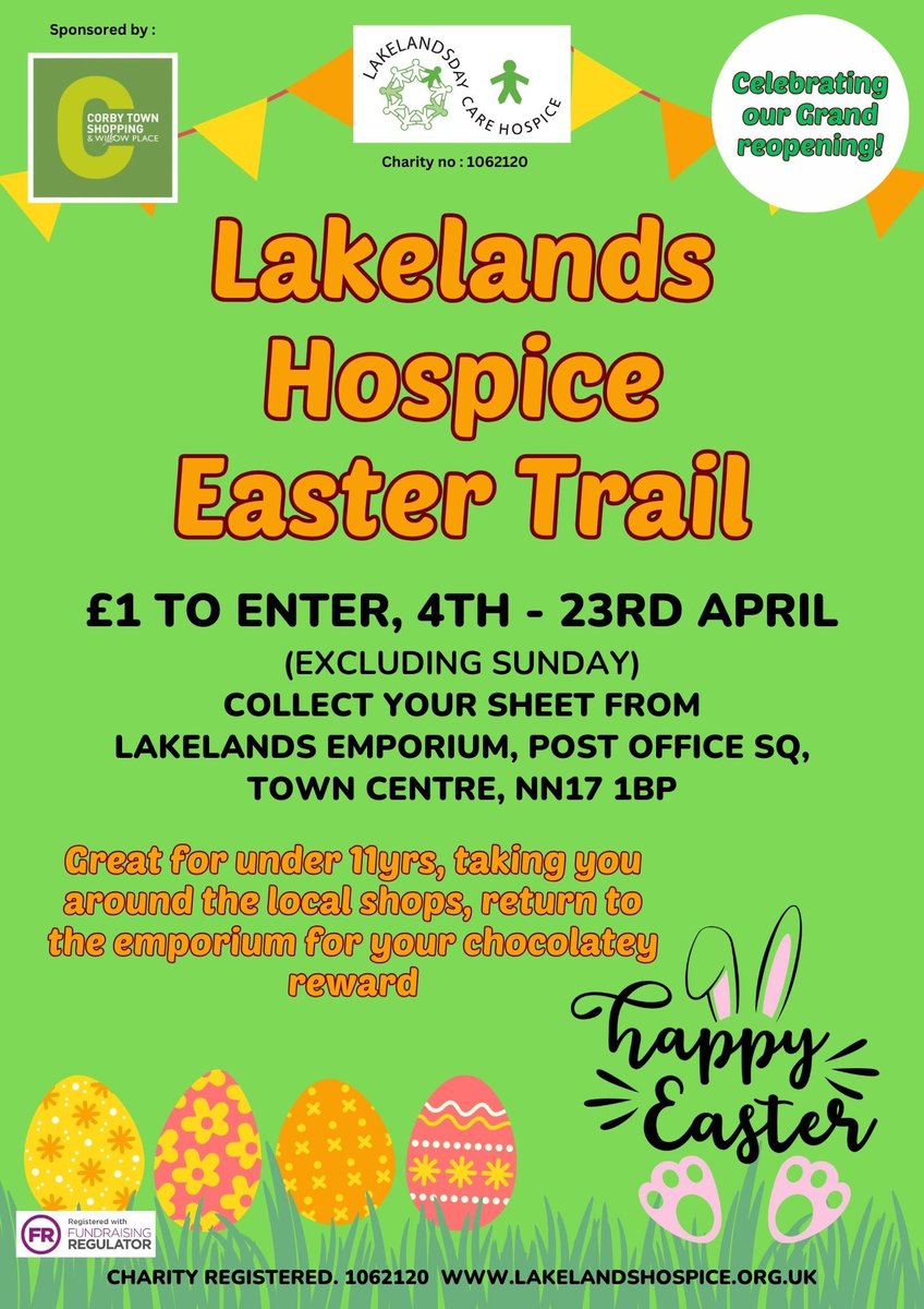 Join in the Lakelands Hospice Easter Trail and win a chocolatey treat! Collect your answer sheet from Lakelands Emporium in New Post Office Square (£1 entry), follow the clues to find the letters hidden in shop windows and unscramble them to make an Easter phrase.