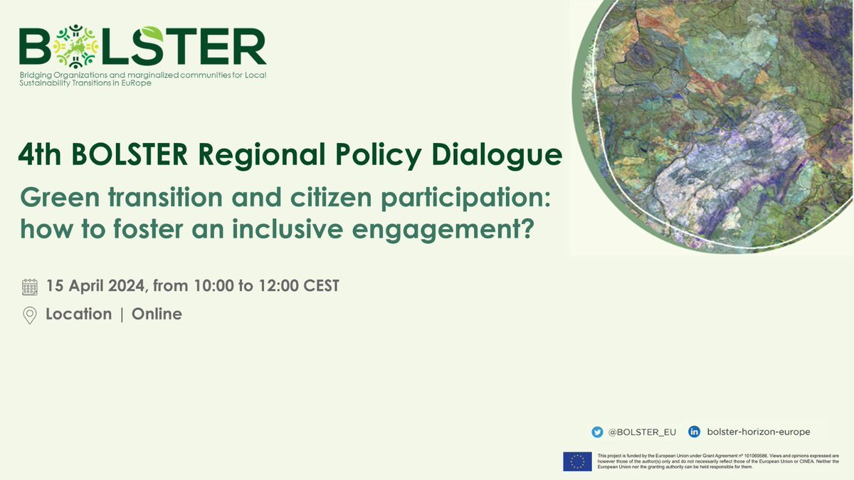 🗓️ Exciting news! Discover the agenda of the 4th BOLSTER policy dialogue focusing on engaging citizens in the climate debate and local green initiatives in the Hainaut region. Register now: buff.ly/3Twtk20 #BOLSTER #GreenTransition